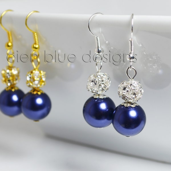 Navy Pearl & Rhinestone Earrings, Navy Pearl Earrings, Navy Blue Earrings, Navy Bead Earrings, Sparkly Blue Earrings, Navy Blue Jewelry