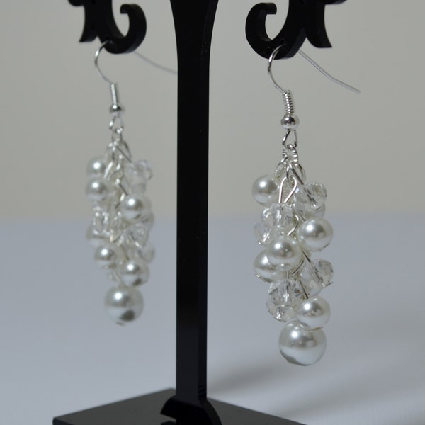 Pearl Cluster Earrings, Crystal earrings, Clear, Pink or White small cluster earrings, white pearl earrings, bridesmaid cluster earrings