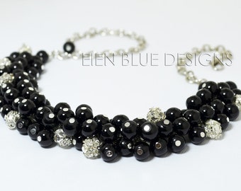 Black Pearl Necklace, Black & Rhinestones Chunky Necklace. Black Cluster Necklace, Beaded Pearl/Rhinestone Necklace, Black Chunky Necklace