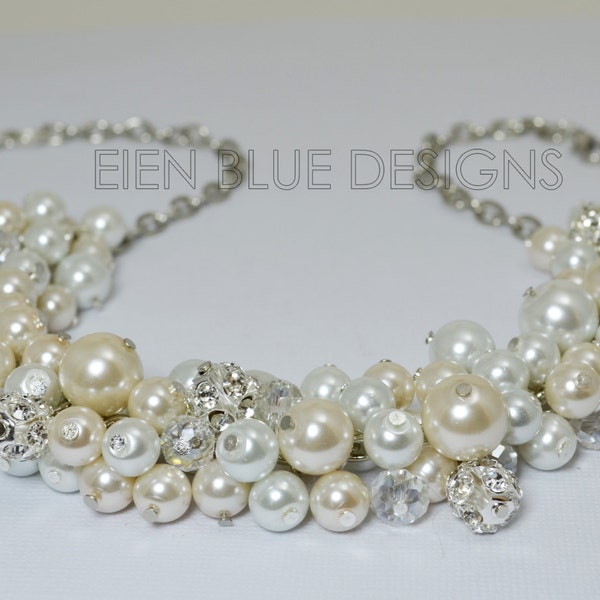 Pearl Cluster Necklace, White & Ivory Pearl Necklace, Cream Faux Pearl Chunky Necklace, Bridal Pearl Necklace, Glass Pearl Chunky Jewelry