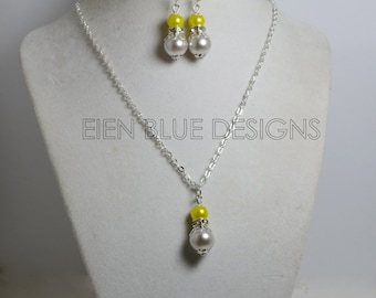 Chartreuse and Light Gray Pendant Necklace, Pearl Necklace & Earring Set, Gray n Neon Earrings, Chartreuse Bridesmaid Jewelry, Pearl Jewelry