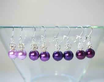 Shades of Purple Pearl/Rhinestone Earrings, Plum Earrings, Purple Earrings, Lilac Pearl Earrings, Burgundy Pearl Earrings, Sparkly Earrings