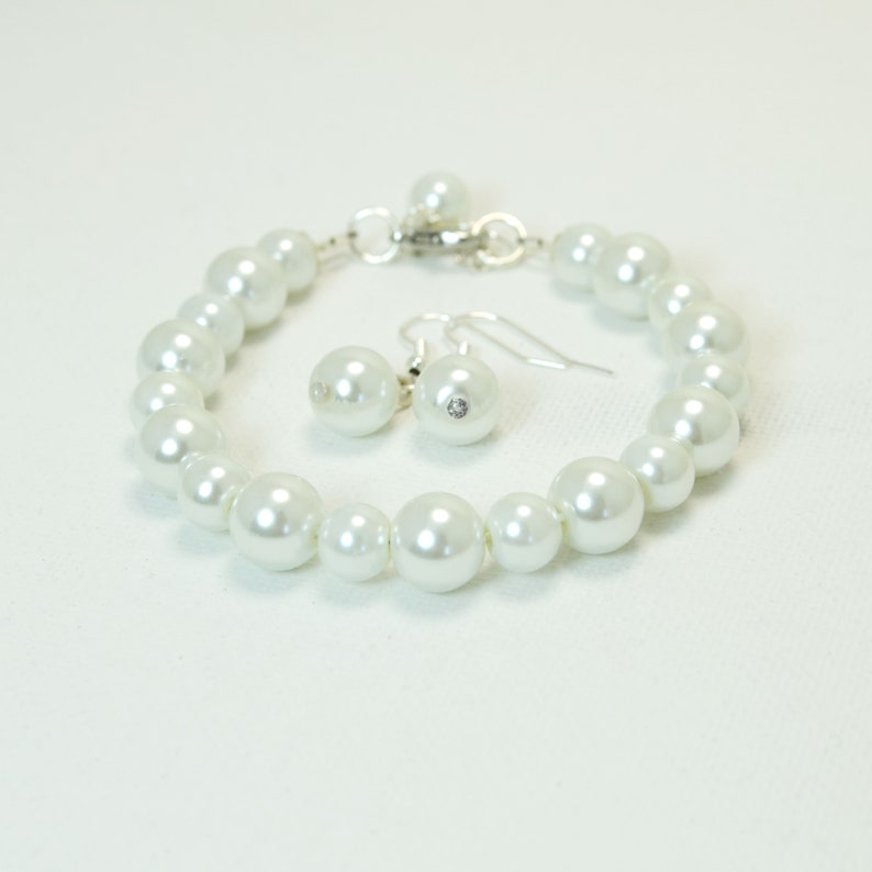 White Pearl Jewelry Set, Pearl Bridesmaid Jewelry Set, White Pearl Necklace, White Flower Girl Jewelry, Inexpensive White Pearl Necklace image 3