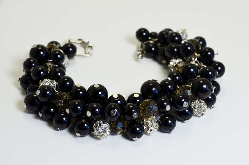 Black Pearl bracelet, Black Pearl and Rhinestone Bracelet, chunky bracelet. wedding bracelet, black beaded bracelet, black crystal bracelet image 1