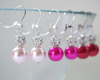 Blush Pearl/Rhinestone Earrings, Hot Pink Earrings, Red Earrings, Pink Dangle Earrings, Pink Pearl Bridesmaid Earrings, Cheap Pink Earrings