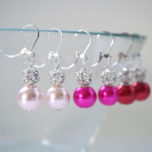 Blush Pearl/Rhinestone Earrings, Hot Pink Earrings, Red Earrings, Pink Dangle Earrings, Pink Pearl Bridesmaid Earrings, Cheap Pink Earrings