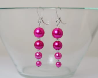 Hot Pink Pearl Earrings, Hot Pink Tapered Earrings, Fuchsia Dangle Earrings, Graduating Hot Pink Earrings, Long Hot Pink Beaded Earrings,
