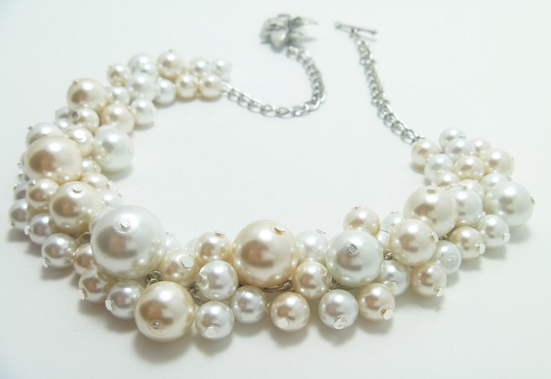 Ivory and White Cluster Necklace, Pearl Necklace, Bridal Jewelry, Off White Necklace, Wedding Jewelry, Chunky Pearls, Pearl Cluster Necklace image 2