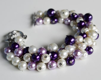 Ivory,Lilac and Purple Bracelet,Chunky Bracelet, Bridal Jewelry, Purple Pearl Bracelet, Purple, Lilac and Ivory Bridal Combo, Pearl Bracelet