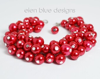 Red Pearl Bracelet, Red Cluster Bracelet, Cherry Red Chunky Bracelet, Red Bridesmaid Jewelry, Valentine's Day Red Jewelry, Red Bead Bracelet