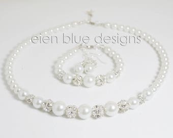 White Pearl and Rhinestone Jewelry Set, Pearl Bridal Necklace, Pearl and Rhinestone Jewelry, White Pearl Necklace, White Bridesmaid Jewelry