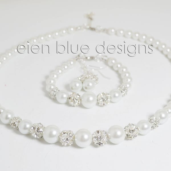 White Pearl and Rhinestone Jewelry Set, Pearl Bridal Necklace, Pearl and Rhinestone Jewelry, White Pearl Necklace, White Bridesmaid Jewelry