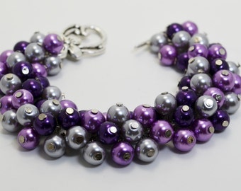 Purple & Gray Pearl  Bracelet, Chunky Purple Bracelet. Chunky Gray Bracelet, Pearl Cluster Bracelet, Purple Wedding, Bridesmaid Purple band