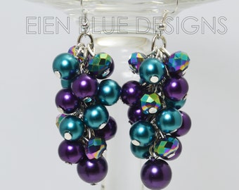 Pearl Earrings, Purple and Teal Cluster Earrings, Peacock Wedding Combo, Chunky Earrings, Cluster Earrings, Teal and Purple Pearl Earrings