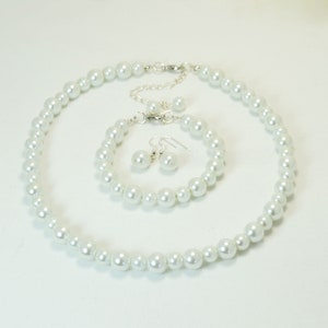 White Pearl Jewelry Set, Pearl Bridesmaid Jewelry Set, White Pearl Necklace, White Flower Girl Jewelry, Inexpensive White Pearl Necklace image 1