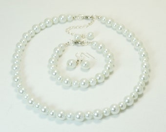 White Pearl Jewelry Set, Pearl Bridesmaid Jewelry Set, White Pearl Necklace, White Flower Girl Jewelry, Inexpensive White  Pearl Necklace