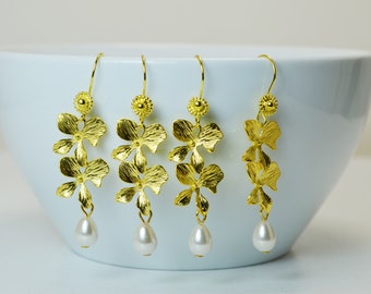 Gold Orchid Earrings, Long Cascading Orchid Earrings, Pearl Dangle Earrings, Bridal Orchid Earrings, Gold Flower Earrings, Pearl Earrings