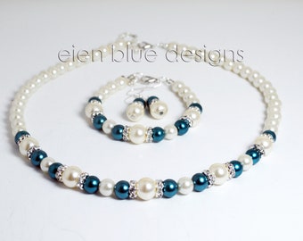 Ivory and Teal Pearl Jewelry Set, Teal & Ivory Pearl Necklace, Pearl Necklace and Bracelet Set, Cream Pearl Jewelry, Pearl, Teal Wedding