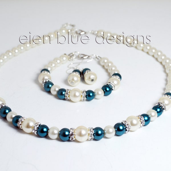 Ivory and Teal Pearl Jewelry Set, Teal & Ivory Pearl Necklace, Pearl Necklace and Bracelet Set, Cream Pearl Jewelry, Pearl, Teal Wedding