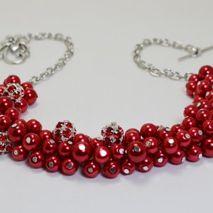 Red Pearl Necklace, Cherry Pearl and Rhinestone Chunky Necklace, Pearl Cluster Necklace, Bright Red Necklace, Red Beaded Bauble Necklace