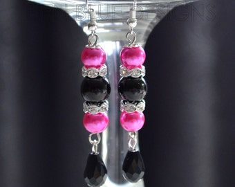 Black and Hot Pink Pearl Dangle Earrings - Black and Pink Earrings, Crystal Earrings, Bridal Jewelry, Wedding Earrings, Tear Drop  Earrings.