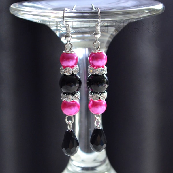 Black and Hot Pink Pearl Dangle Earrings - Black and Pink Earrings, Crystal Earrings, Bridal Jewelry, Wedding Earrings, Tear Drop  Earrings.