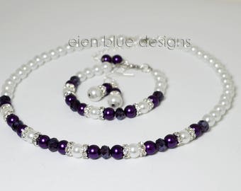 White and Purple Pearl Necklace, White Pearl Jewelry set, Purple & White Beaded Necklace, White and Custom Color Jewelry Set. Pearl Necklace