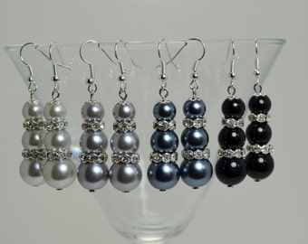 Pearl Dangle Earrings - Shades of Gray and Black, Crystal Earrings, Bridal Jewelry, Wedding Earrings, Pearl Stack  Earrings, Custom Made.