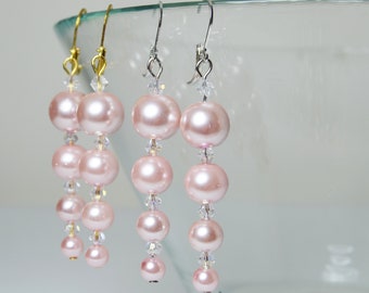 Pink Pearl Earrings, Cascading Pink Earrings, Pink Dangle Earrings, Pink Pearl Earrings, Graduating Pink Pearl Earrings, Long Pearl Earrings