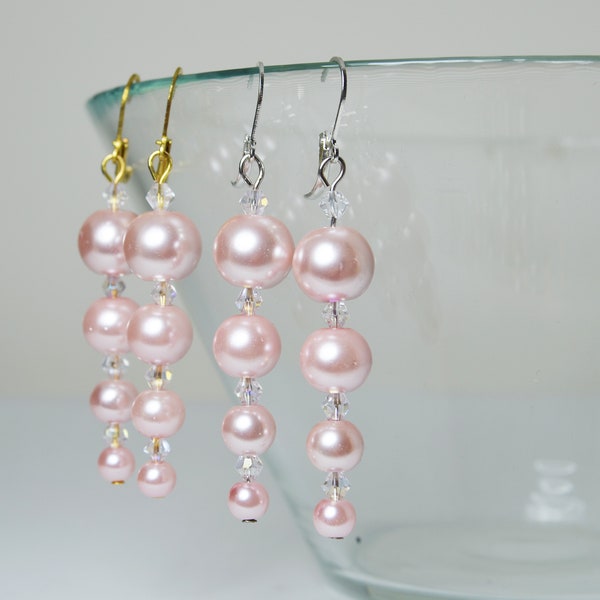 Pink Pearl Earrings, Cascading Pink Earrings, Pink Dangle Earrings, Pink Pearl Earrings, Graduating Pink Pearl Earrings, Long Pearl Earrings