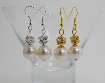 Pearl and Rhinestone Earrings, White Pearl Earrings, Bridal Earrings, Wedding Jewelry, Ivory Earrings, Gray Earrings, White Pearl Earrings