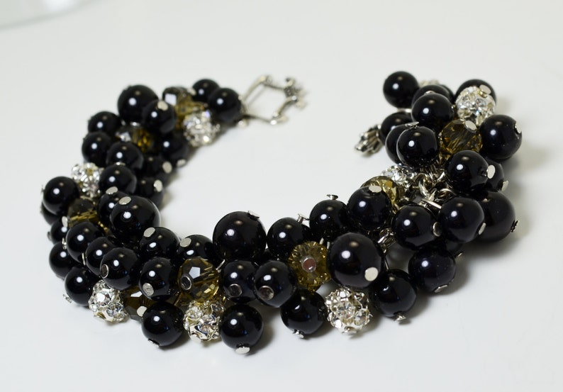 Black Pearl bracelet, Black Pearl and Rhinestone Bracelet, chunky bracelet. wedding bracelet, black beaded bracelet, black crystal bracelet image 3