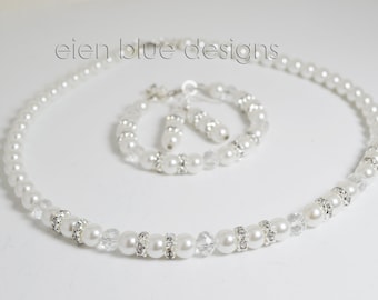 White Pearl Necklace Set, White Pearl Necklace, Pearl and Crystal Necklace and bracelet set, Bridal Pearl Jewelry set, Bridesmaid Jewelry