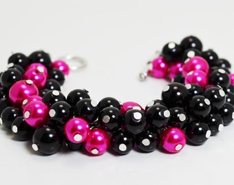 Black and Hot Pink bracelet, fucsia cluster bracelet, chunky bracelet, bridal jewelry, chunky bracelet, wedding jewelry, beaded bracelet