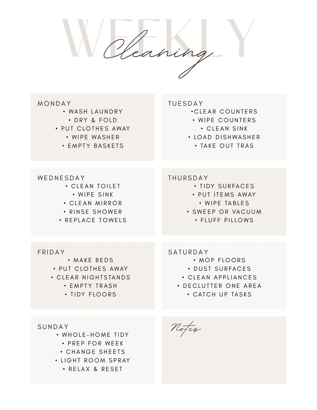 Weekly Home Cleaning Checklist - Printable Reset Schedule (digital ...