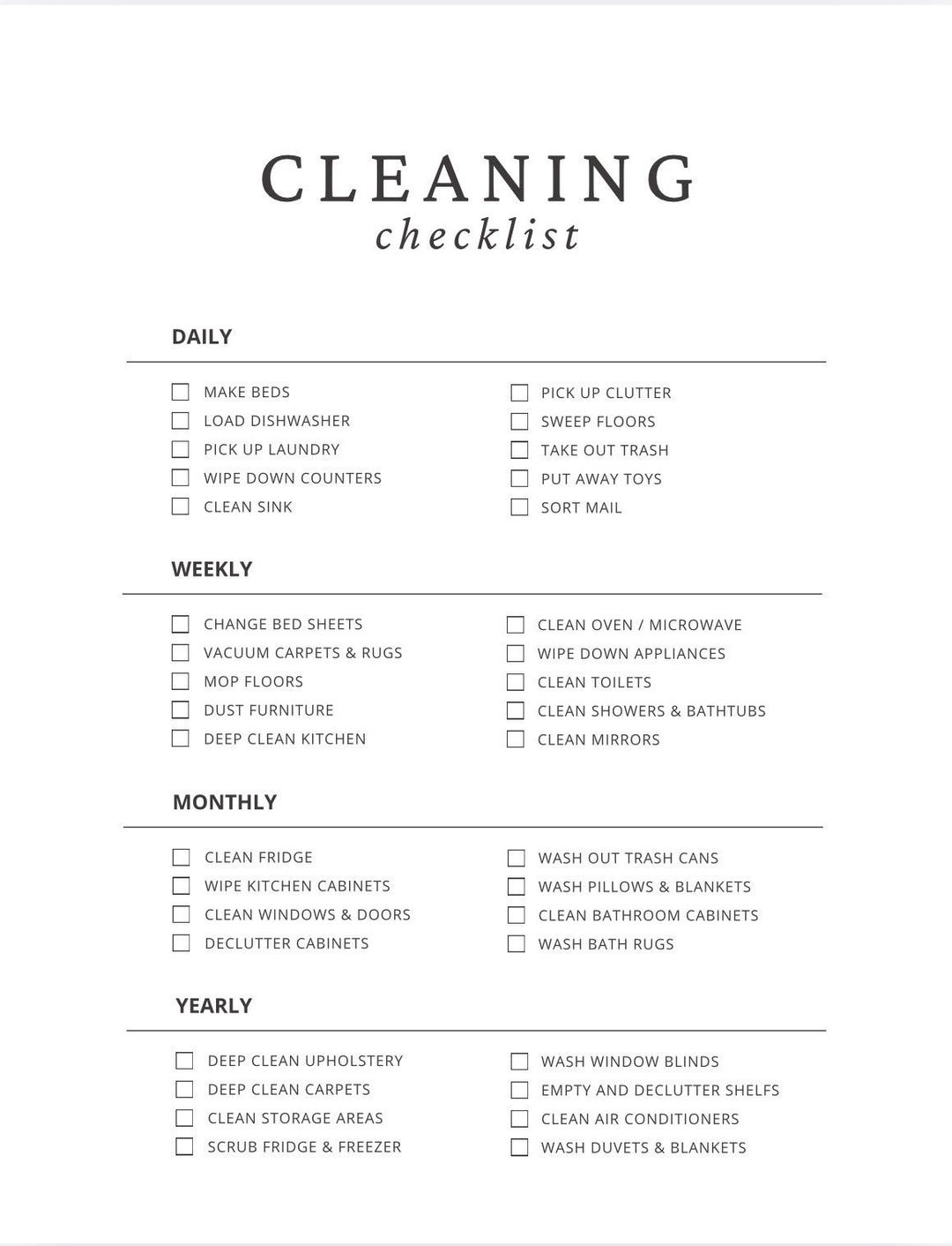 Deep Cleaning Checklist- Everything You Need to Tidy From a Week to a ...