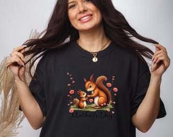 Mother and Baby Squirrel T-Shirt, Mama Woodland Animal Illustration, Mother's Day Graphic