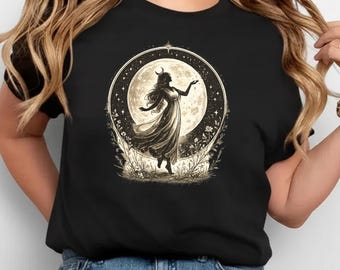 Celestial Woman Moon T-Shirt, Vintage Botanical Nature Tee, Cottagecore Wildlife Graphic