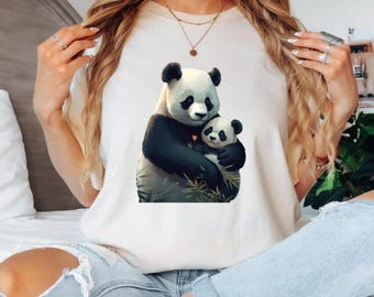 Mother and Baby Panda Illustration T-Shirt, Animal Family Graphic Tee