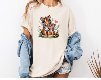 Mother and Baby Tiger T-Shirt, Wild Animal Family Heart Graphic
