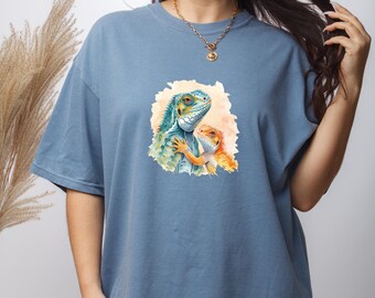 Mother and Baby Iguana Watercolor T-Shirt, Mama Lizard Illustration, Animal Family Tee