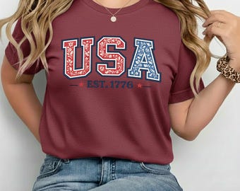 USA Est. 1776 Patriotic T-Shirt, Vintage American Flag Typography Tee