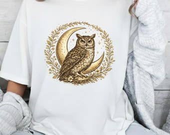 Vintage Owl Moon T-Shirt, Mystic Celestial Animal Graphic Tee