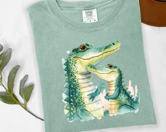 Mother Baby Alligator Watercolor T-Shirt, Mama Crocodile Family Graphic
