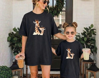 Mother and Baby Giraffe Illustration T-Shirt, Wild Animal Family Graphic
