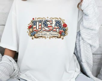 USA 250 Years Freedom T-Shirt, Patriotic Vintage American Flag Typography Tee