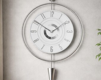 Large Scandinavian Wall Clock 90x50 cm – Modern Silver Metal Silent Clock with Pendulum, Minimalist Luxury Living Room Decor, Oversized Wall