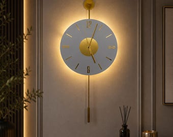 Modern Crystal Glass Wall Clock with LED, Luxury Gold Steel Frame Metal Art, Silent Quartz Moving Wall Decor, Elegant Vertical Round Clock