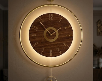 Large Modern LED Wall Clock Metal with Wood Texture, Spanish Orbit Time Silent  Wall Decor, Minimalist Gold Living Room Clock, Pendulum Gift