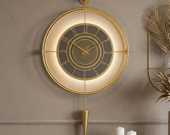 LED Bronze Mirror Wall Clock, Large Modern Pendulum Wall Clock, Luxury Metal Decorative Wall Clock, Silent Quartz Scandinavian Wall Decor